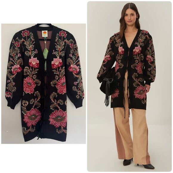 Farm Rio Black Ravenala Knit Midi Cardigan - Picture 1 of 7